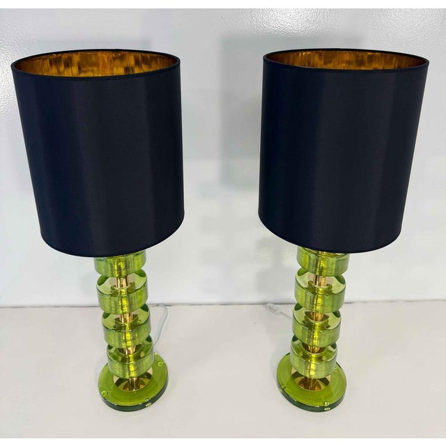 Italian Green Emerald Murano Glass Discs and Brass Lamps with Black Lampshades, 2000s, Set of 2 For Sale - Image 11 of 15