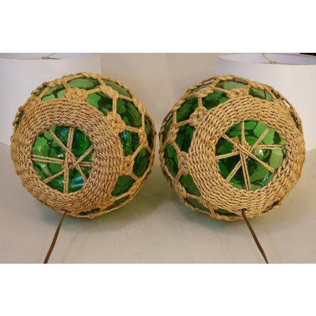 1970s Matched Pair XL Bottle Green Glass Globe Rope Macrame Net Fish Float Coastal Tiki Table Lamps Nos "New-Old-Stock" Unused For Sale - Image 13 of 13