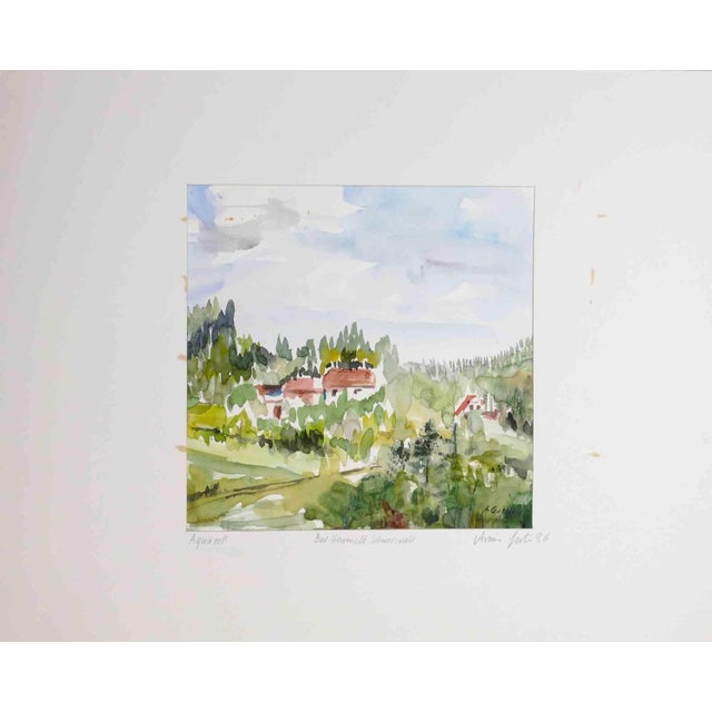 Landscape is a Watercolor drawing realized by Armin Guther in 1986. Hand-signed and dated on the lower right corner. Good...