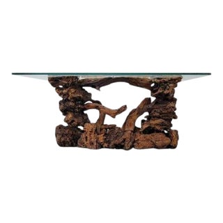1960s Burl and Driftwood Glass-Top Console Table For Sale