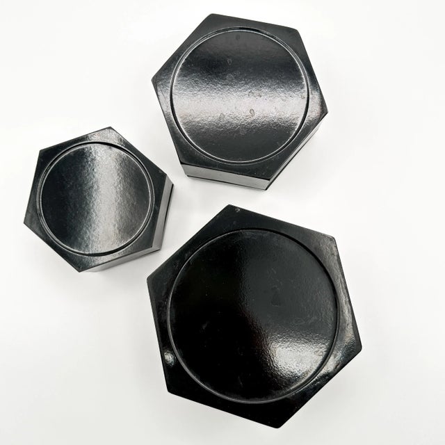 Vintage Nesting Black Lacquer Finish Boxes With Gold Print Design Set of Three Made in Japan For Sale - Image 11 of 12