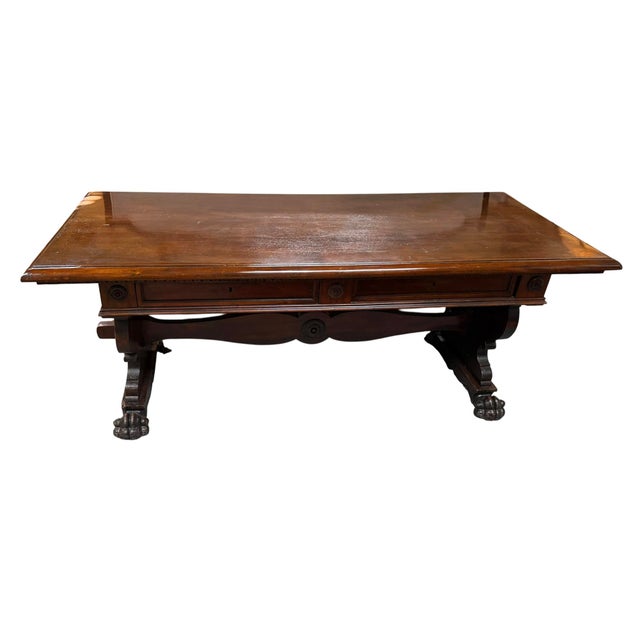 Antique Italian Carved Walnut Trestle Library Dining or Writing Table - Paw Feet For Sale - Image 12 of 15
