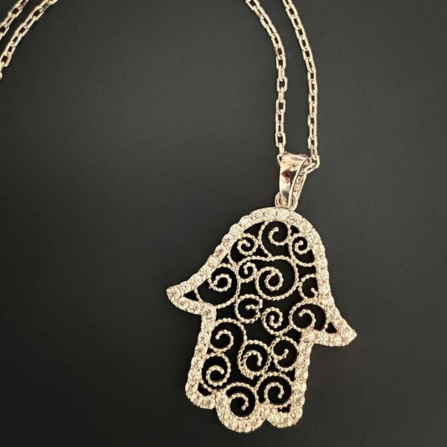 Silver Spiral Design Hamsa Sterling Silver & Diamond Necklace For Sale - Image 8 of 9