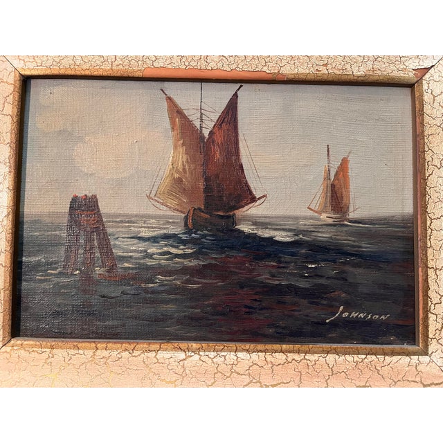 Atmospheric mid-century maritime oil painting on canvas, signed “Johnson” at the lower right. The work depicts two...