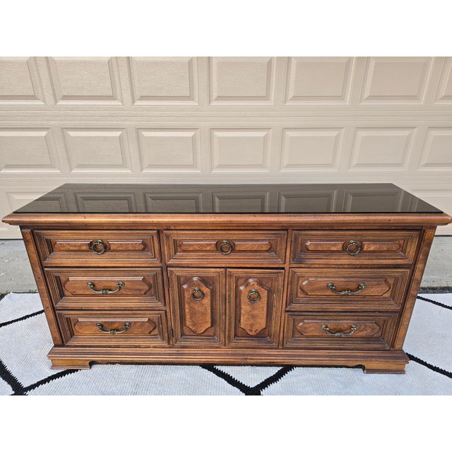 Spanish Revival Vintage Traditional Solid Wood 9-Drawer Dresser / Credenza With Glass Top For Sale - Image 3 of 13