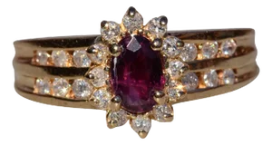 The Cardston: Ladies 14K Yellow Gold Ring set with Ruby and Diamond