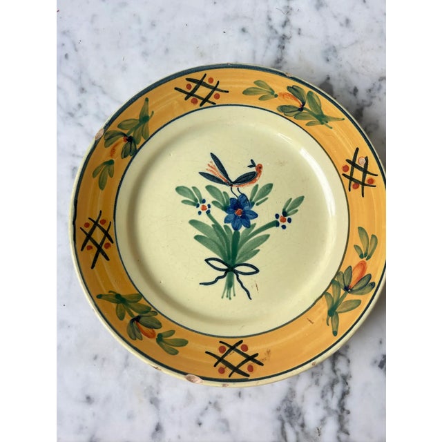 Mustard Early 19th Century Quimper France Hand-Painted Butter Yellow, Mustard, Bird and Blue Floral Plates - Set of 3 For Sale - Image 8 of 8