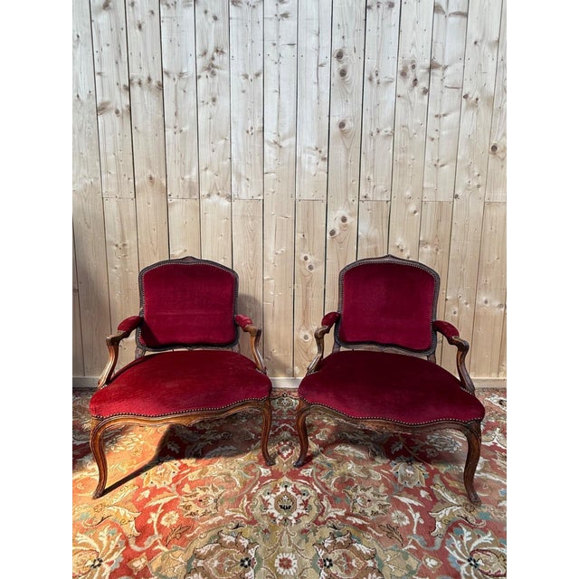 Brown Louis XV Armchairs in Carved Wood and Burgundy Velvet, Set of 2 For Sale - Image 8 of 8