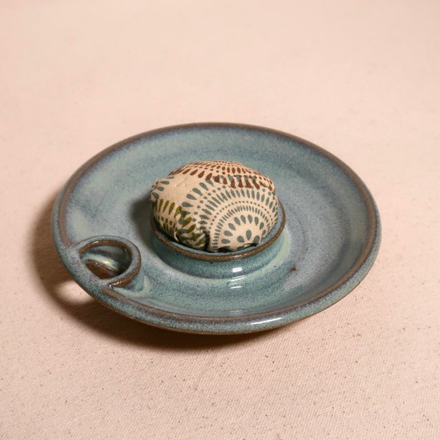 Mid Century Modern Handmade Studio Pottery Turquoise Glaze Pin Cushion Ceramic Sewing Vessel For Sale - Image 10 of 13