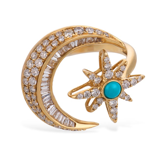 Contemporary Vintage Turquoise Diamond 14k Yellow Gold Star Crescent Ring, Size 7 For Sale - Image 3 of 6