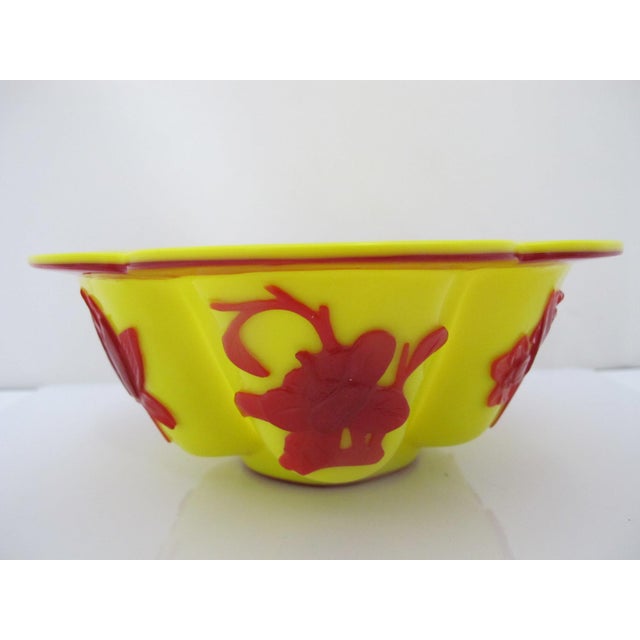 Chinese Imperial Yellow Peking Glass Lobed Bowl Pair With Red Floral Overlay For Sale - Image 9 of 12