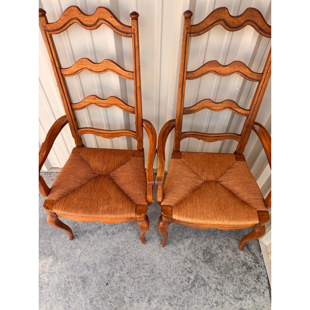 Wood Vintage French Country Ladder Back Rush Seats Armchairs, Set of 4 For Sale - Image 7 of 12