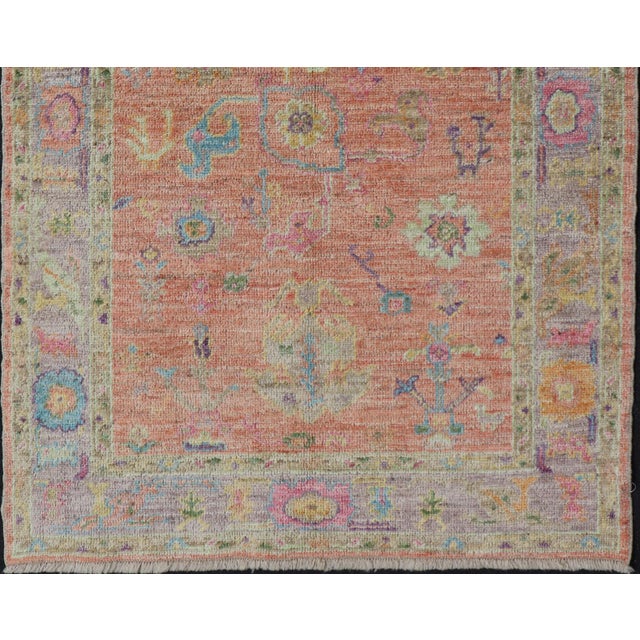 Hand Knotted Turkish Floral Oushak With Orange Background and Lilac Border 4'0 X 6'0 For Sale In Atlanta - Image 6 of 11