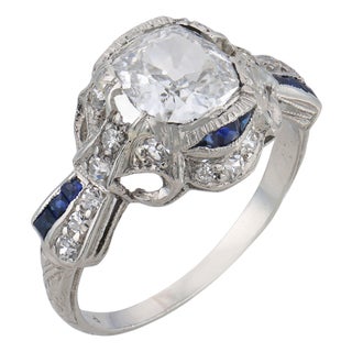 1930s Art Deco Gia 1.18 Carat Diamond Sapphire Platinum Ring, Size 6.5 For Sale