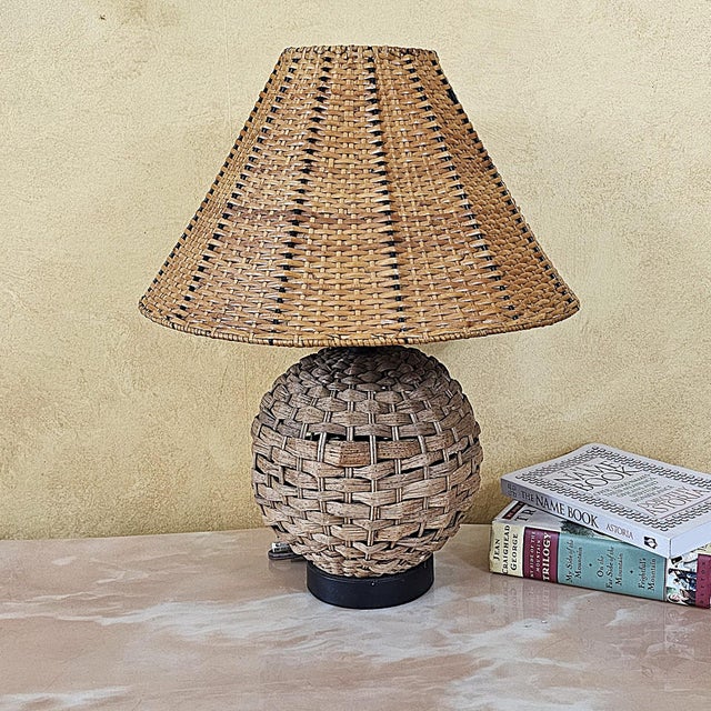 Vintage Natural Rattan Woven Table Lamp With Matching Basket Weave Shade For Sale - Image 18 of 18