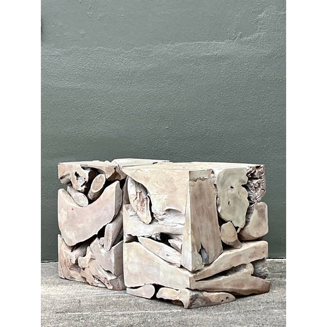 This striking cube-shaped side table is a superb example of organic modern design, showcasing the inherent beauty and...