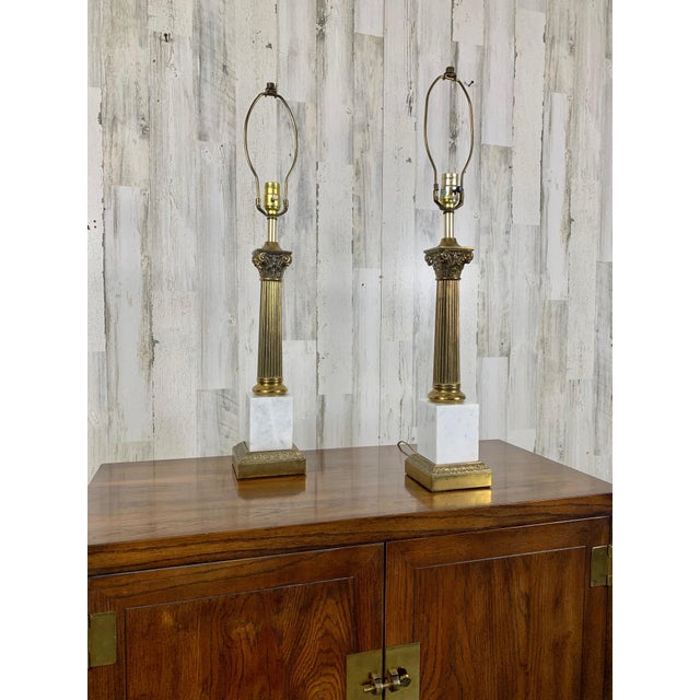 Neoclassical Brass and Marble Corinthian Column Lamps For Sale - Image 3 of 11