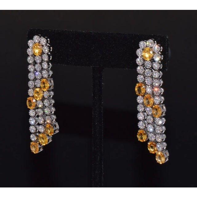 Contemporary Certified Natural 8.96CTS VS F Diamond Yellow Sapphire 18K Solid Gold Dangle Earrings, A Pair For Sale - Image 3 of 10
