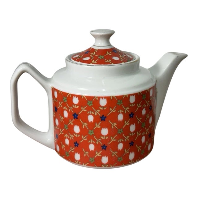 Vintage Floral Teapot Red White Porcelain | Mid Century Style Tea Pot For Sale
