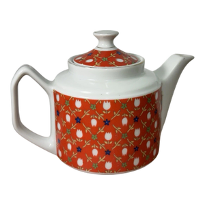 Vintage Floral Teapot Red White Porcelain | Mid Century Style Tea Pot