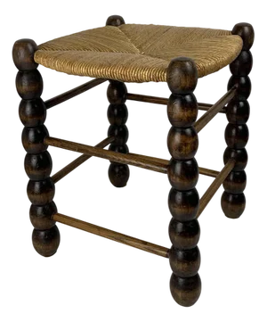 Brutalist Wood Turned Bobbin Rush Stool by Charles Dudouyt, 1950s