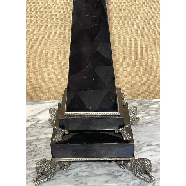 Large Silverplated Bronze & Inlaid Coconut Shell Lion Motif Obelisks - a Pair For Sale - Image 10 of 11