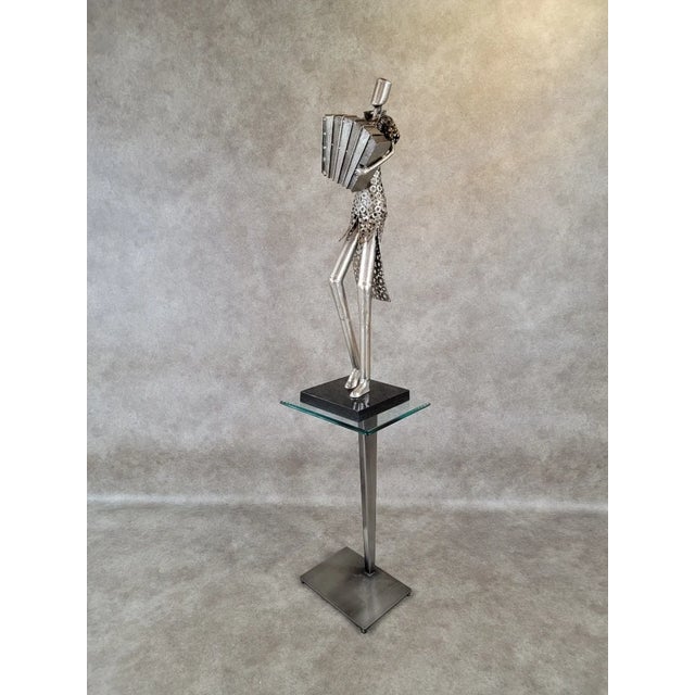 Late 20th Century Vintage Modern Glass Top Metal Pedestal Base Pedestal Side Table For Sale - Image 5 of 5