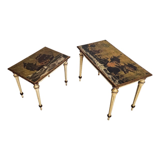 Neoclassical Painted Nesting Tables with Gold Leaf Tops, Set of 2 For Sale