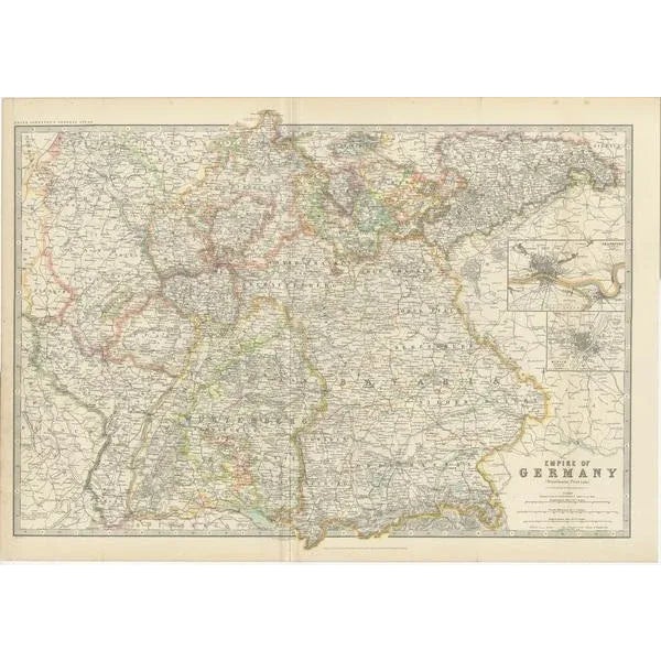 Antique map titled 'Empire of Germany'. Original antique map of Germany. with inset maps of Frankfurt and Munich. This map...