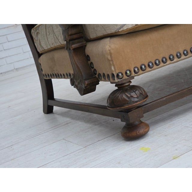 Mid-Century Modern Vintage Danish Three-Seater Sofa in Furniture Fabric and Carved Oak, 1950s For Sale - Image 3 of 18