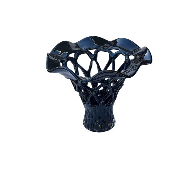 American Late 20th Century Black Art Glass Basket Weave Ruffled Open Lattice Vace For Sale - Image 3 of 8