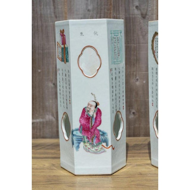 19th Century Chinese Famille Rose Wushuang Pu Porcelain Hexagonal Vases, Set of 2 For Sale - Image 3 of 18
