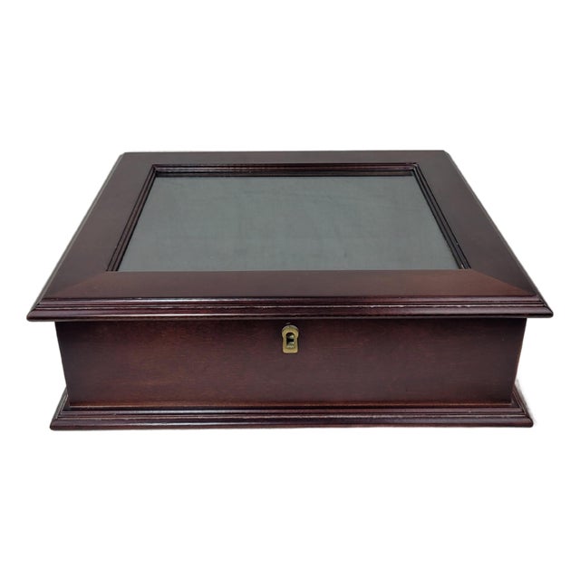Vintage 1994 Bombay Company Mahogony Wood Glass Top Display Shadow Box Green Velvet Interior For Sale