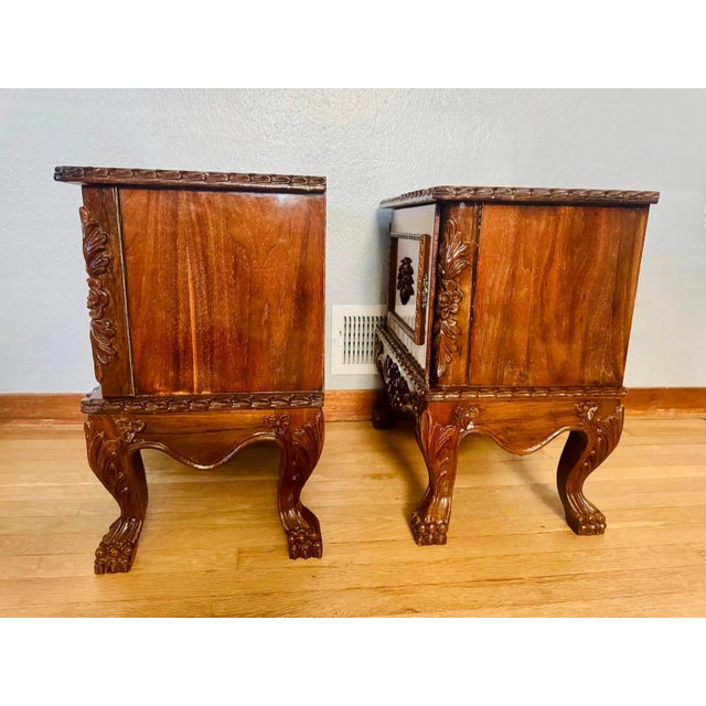 Brass Mid 20th Century Pair of Carved Wood French Style Nightstands End Tables Figured Veneer Cabinets For Sale - Image 8 of 12