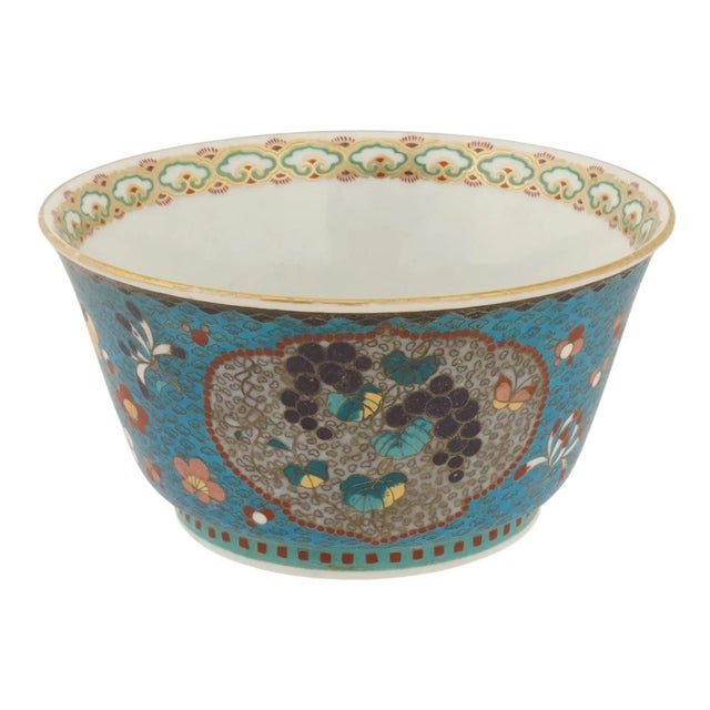 Japanese Cloisonne Enamel Porcelain Bowl Meiji Period Floral Panels For Sale - Image 4 of 6