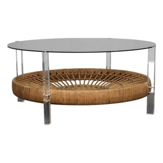 Vintage Round Coffee Table with Rattan Basket, 1970s For Sale