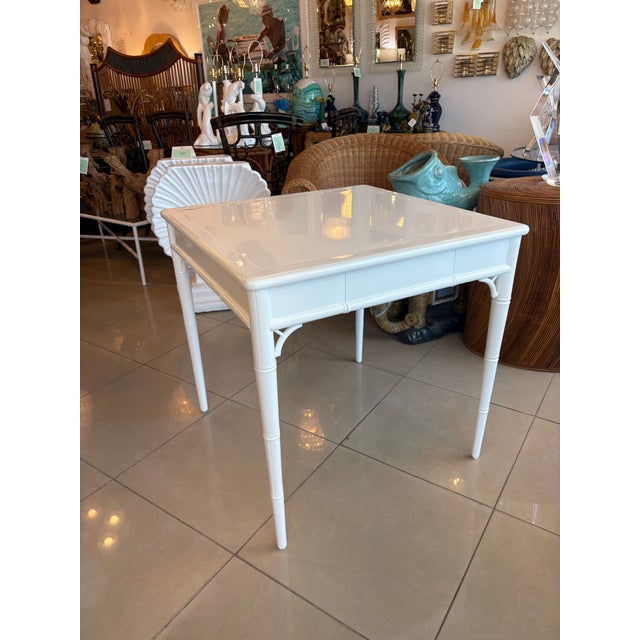 White Vintage Palm Beach White Newly Lacquered Faux Bamboo Fret Game Table Two Drawers For Sale - Image 8 of 11