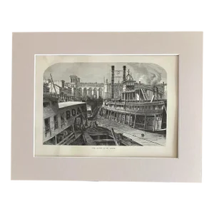 Antique 1874 Wood Engraving, "The Levee at St. Louis" MO w/11x14 Frame-Ready Mat