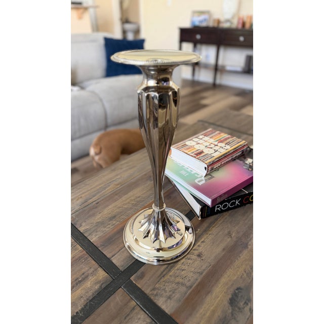 Transitional Pair of Global Views Polished Nickel Graduated Candlesticks For Sale - Image 3 of 8