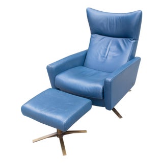 American Leather “Stratus” Blue Leather Recliner Chair and Ottoman For Sale