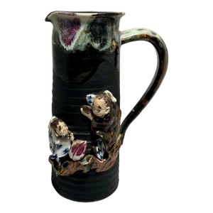 Antique Japanese Sumida Gawa Pottery Black Jug Signed by 良斎 Inoue Ryosai
