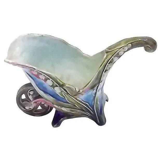 Art Nouveau Antique Majolica Floral Wheelbarrow Cachepot For Sale - Image 3 of 3