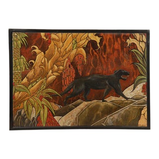 1960s Art Deco Style Panther with Jungle Landscape Oil Painting Signed Fe Sohler, Framed For Sale