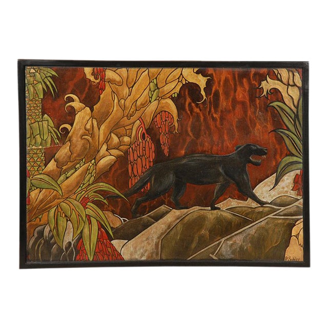 1960s Art Deco Style Panther with Jungle Landscape Oil Painting Signed Fe Sohler, Framed For Sale