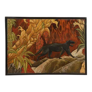 1960s Art Deco Style Panther with Jungle Landscape Oil Painting Signed Fe Sohler, Framed