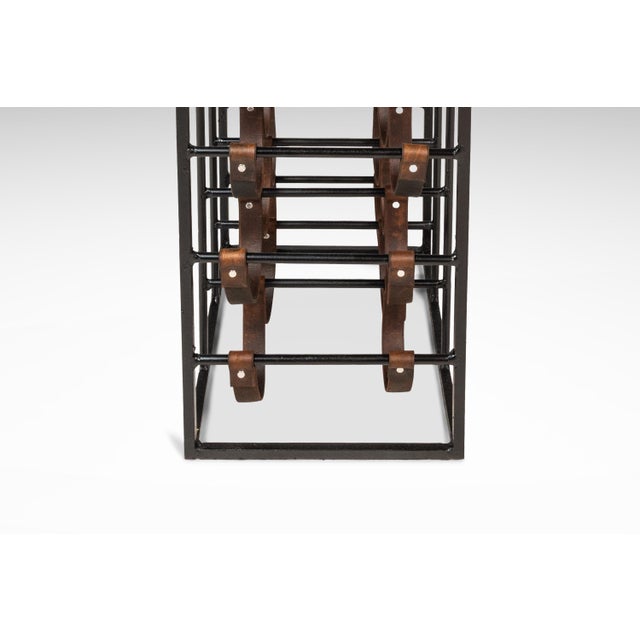 Mid-Century Modern 21 Bottle Wine Rack in Leather & Wrought Iron W/ Butcher Block Top Attributed to Arthur Umanoff, Usa, C. 1960s For Sale - Image 13 of 18