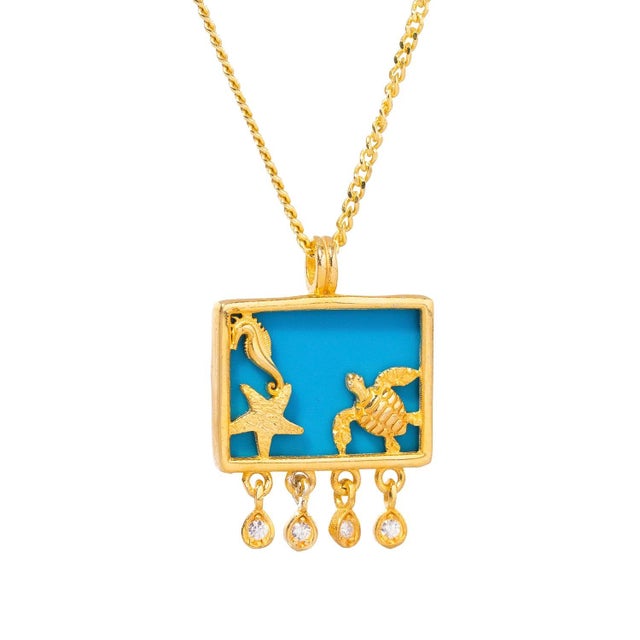 Early 21st Century Starfish Ocean Spirit Animal Turquoise & Gold Pendant Chain Necklace For Sale - Image 5 of 12