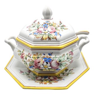 Italian Hand-Painted Porcelain Soup Tureen Set, Octagonal Floral, 16" For Sale