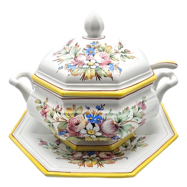 Italian Hand-Painted Porcelain Soup Tureen Set, Octagonal Floral, 16" For Sale