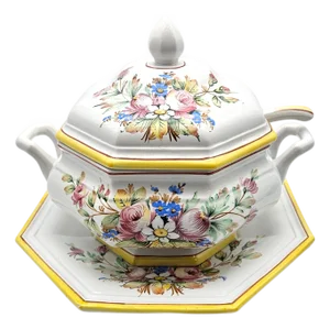 Italian Hand-Painted Porcelain Soup Tureen Set, Octagonal Floral, 16"